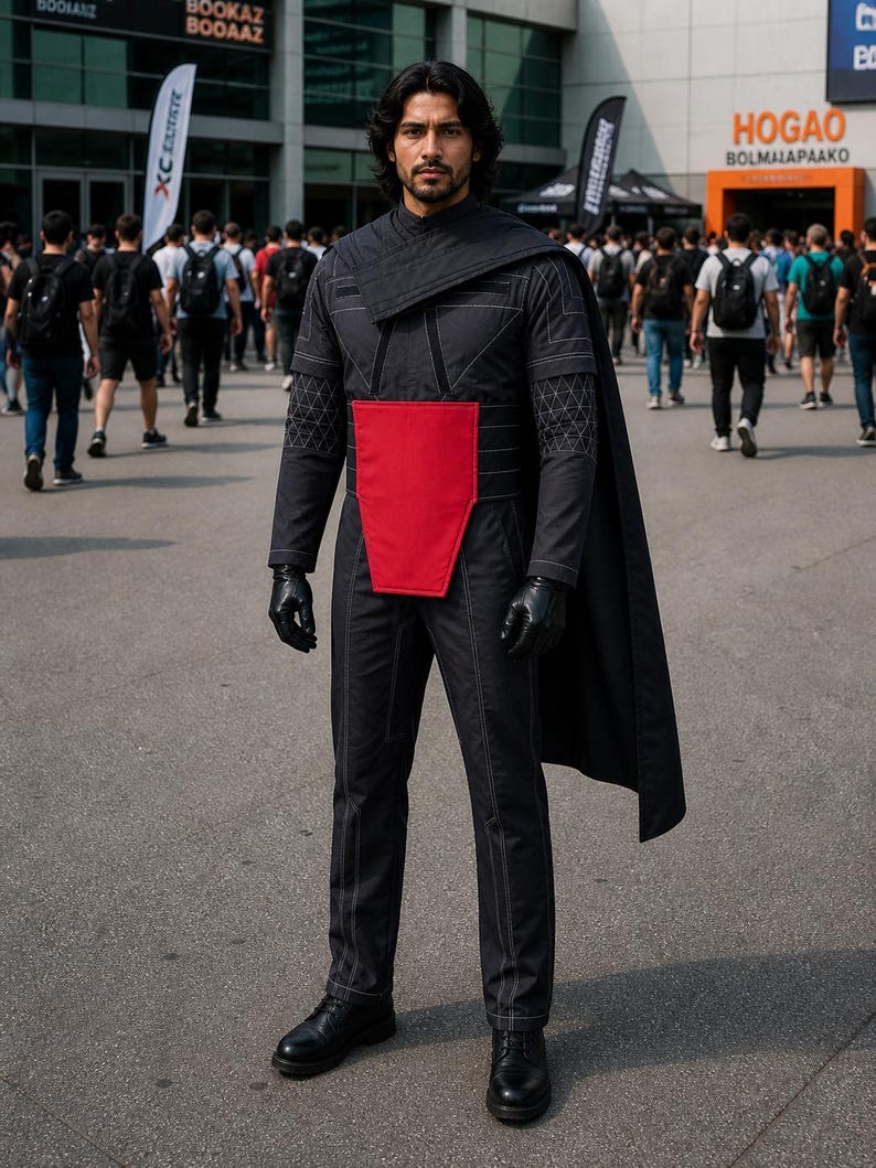Puede incluir: Una persona con un disfraz negro con un panel rojo en la cintura, guantes y botas negras. El disfraz tiene una capa y patrones geom&eacute;tricos en las mangas. La persona est&aacute; de pie sobre una superficie gris.