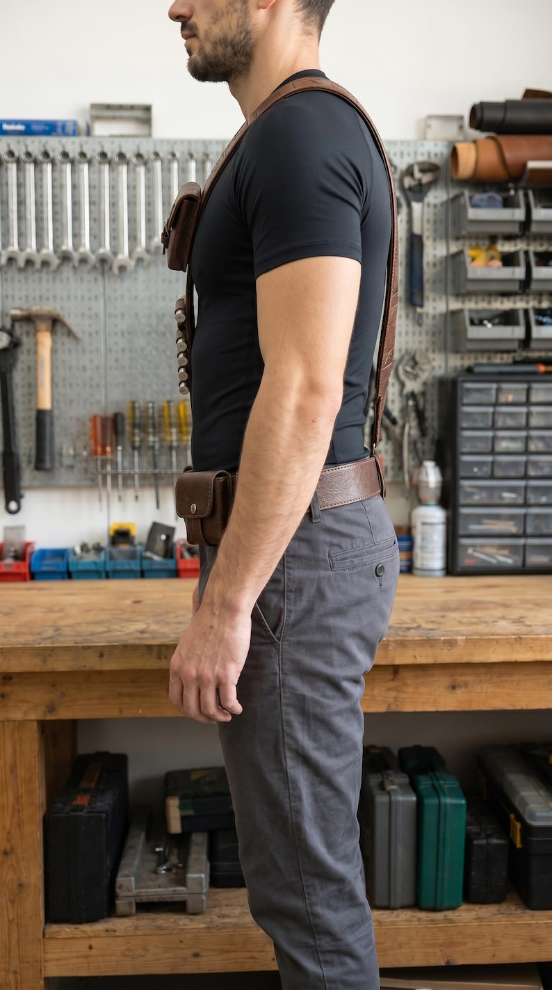 May include: A brown leather shoulder harness and belt set featuring a small rectangular pouch on the chest, a vertical row of five cylindrical loops for holding items, and a matching pouch attached to the waist belt, worn over a black t-shirt.