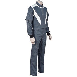 May include: A gray jumpsuit with white accents on the shoulders and chest. The suit has long sleeves with black cuffs and white stitching details. The mannequin is wearing a full body suit.