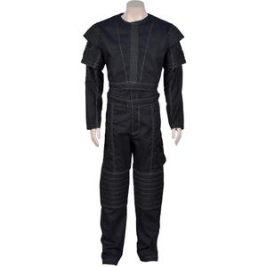 May include: Black jumpsuit with white stitching details. The outfit features a round neck, long sleeves, and a belt. The pants have knee padding and a side pocket. The shoulders have layered accents. The jumpsuit is displayed on a mannequin.