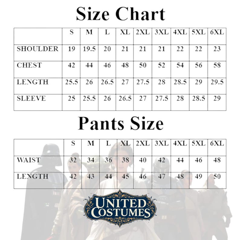 May include: Size chart for costumes, with measurements in inches. Includes shoulder, chest, length, and sleeve sizes, as well as waist and length for pants. The United Costumes logo is at the bottom.