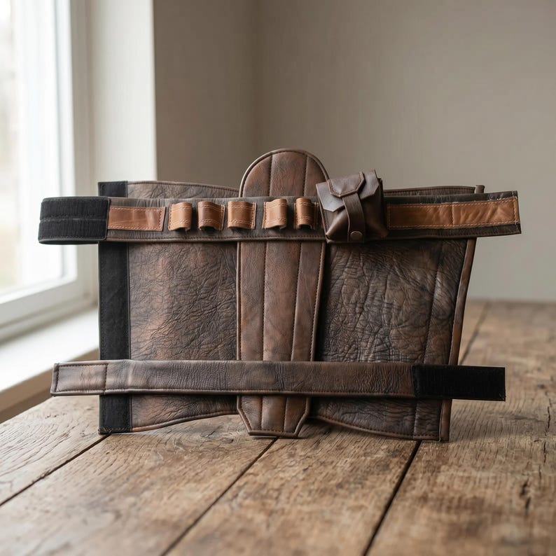 May include: A brown textured utility belt featuring a central vertical panel, multiple horizontal loops for small items, and a small square pouch with a snap closure. The belt includes adjustable straps with black hook-and-loop fasteners.
