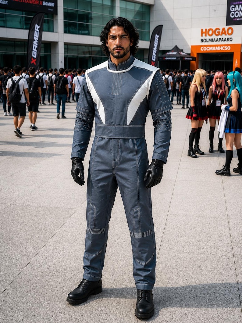 Mandalorian Star Wars Din Djarin inspired cosplay costume featuring a black flight suit with tactical design and armor-ready structure. This Mandalorian cosplay outfit is crafted with durable fabric, detailed stitching, and a fitted silhouette for a screen-accurate look. Ideal for cosplay events, Comic Con, Halloween, and Star Wars fans, this bounty hunter outfit offers comfort, mobility, and a premium sci fi costume finish