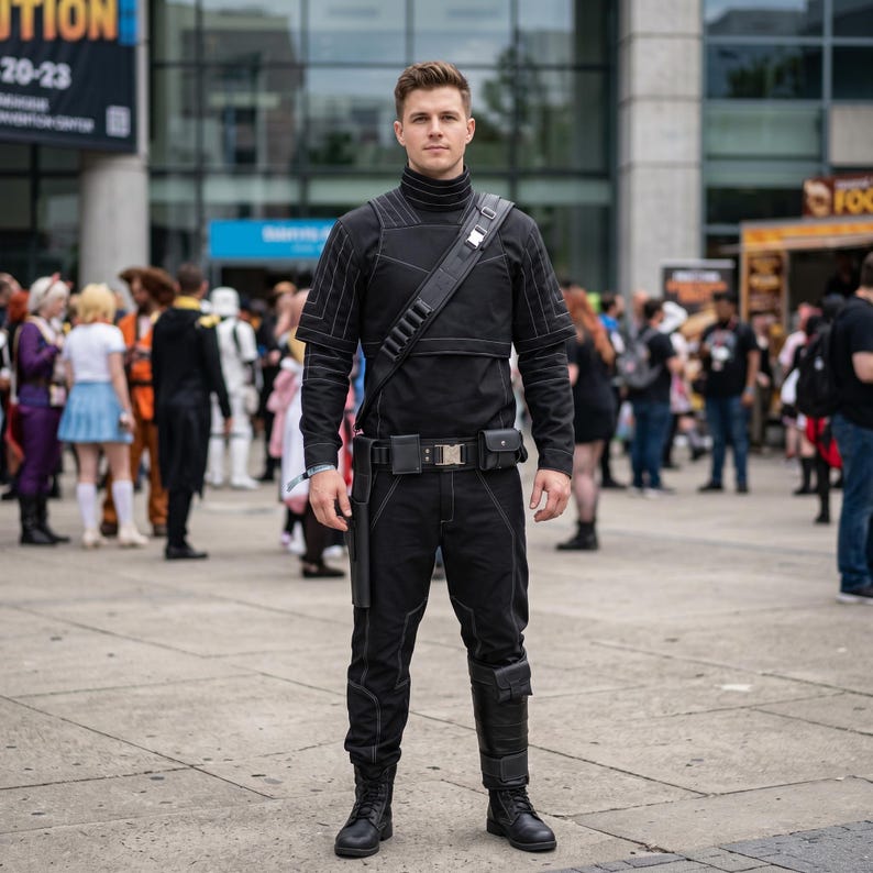 May include: A black tactical-style outfit consisting of a long-sleeved mock neck shirt with reinforced shoulder panels, matching trousers with visible stitching, a utility belt with pouches, a diagonal chest strap, and black lace-up boots.