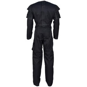 May include: Black jumpsuit with white stitching details. The garment features long sleeves, a structured shoulder design, and multiple pockets. The back view showcases the full length and tailored fit of the one-piece outfit.