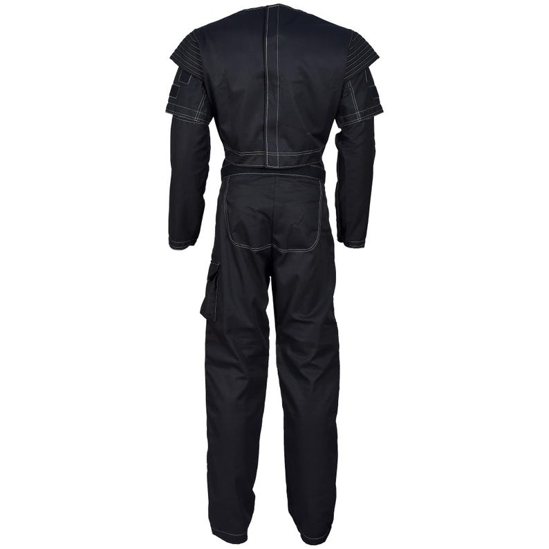 May include: Black jumpsuit with white stitching details. The garment features long sleeves, a structured shoulder design, and multiple pockets. The back view showcases the full length and tailored fit of the one-piece outfit.