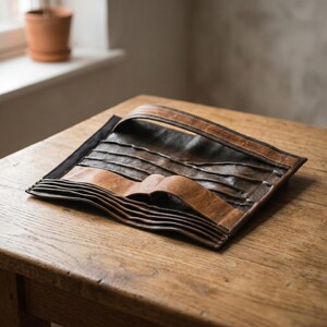 May include: A brown and dark brown leather tool roll featuring multiple stitched pockets and a long strap for securing the contents. The leather has a visible grain texture and is laid flat, showcasing the interior compartments and the folded flap.