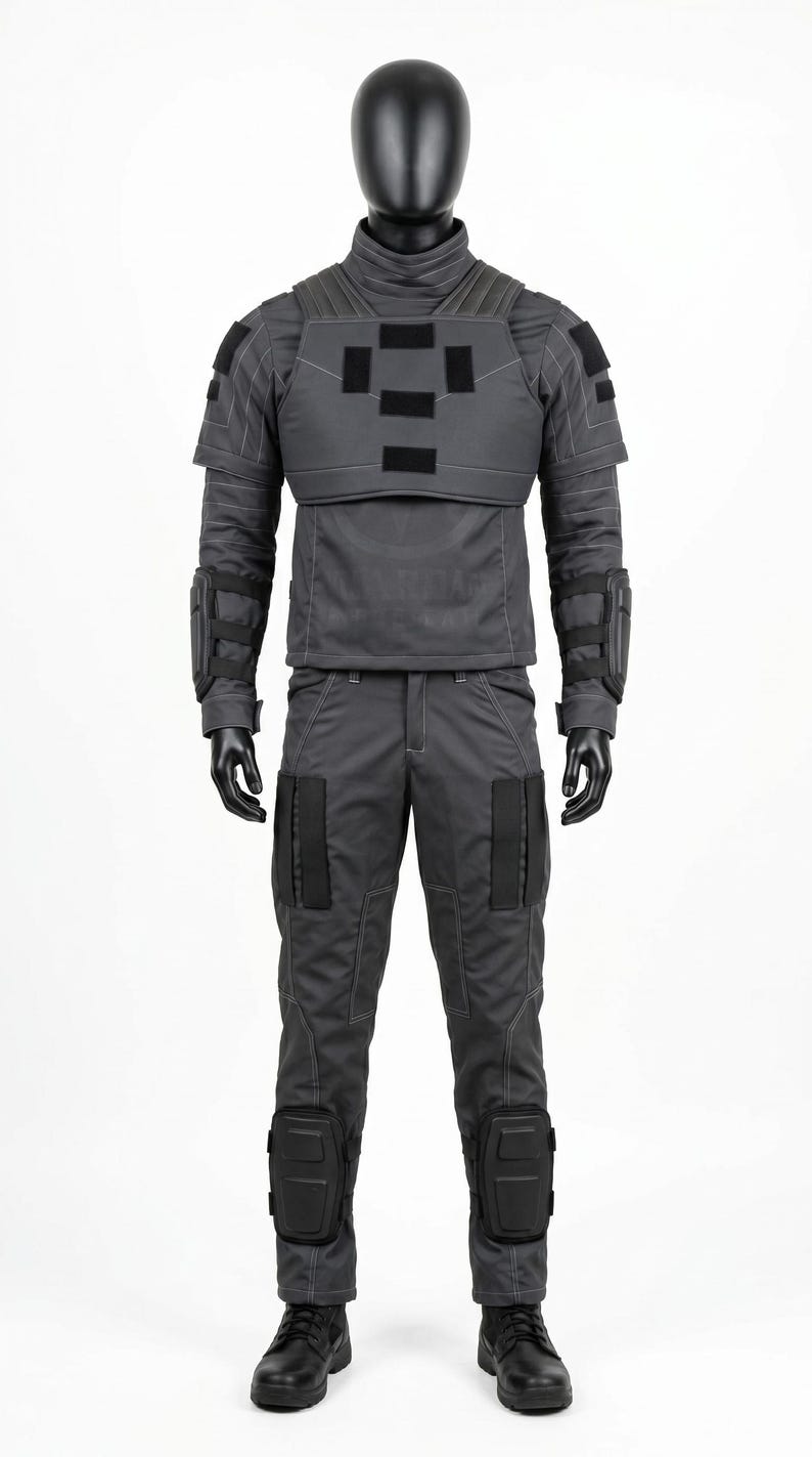 Pu&ograve; includere: Un set di uniforme tattica grigio scuro composto da una maglia a maniche lunghe con collo alto, imbottitura sulle spalle e una piastra pettorale con toppe rettangolari nere, abbinata a pantaloni coordinati con ginocchiere nere e tasche.