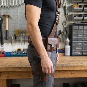 May include: A brown leather shoulder holster and belt system featuring a chest-mounted pouch, a series of small cylindrical loops, a waist-mounted pouch with a buckle closure, and a drop-leg holster designed to hold a handgun securely.