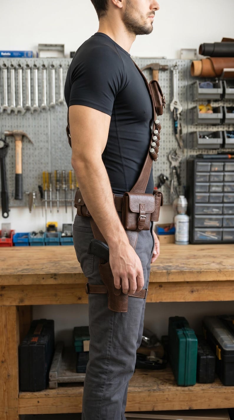 May include: A brown leather shoulder holster and belt system featuring a chest-mounted pouch, a series of small cylindrical loops, a waist-mounted pouch with a buckle closure, and a drop-leg holster designed to hold a handgun securely.