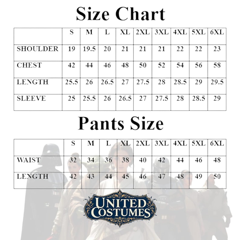 Puede incluir: Tabla de tallas de disfraces, con medidas en pulgadas. Incluye tallas de hombros, pecho, largo y manga, as&iacute; como cintura y largo de pantal&oacute;n. El logotipo de United Costumes est&aacute; en la parte inferior.