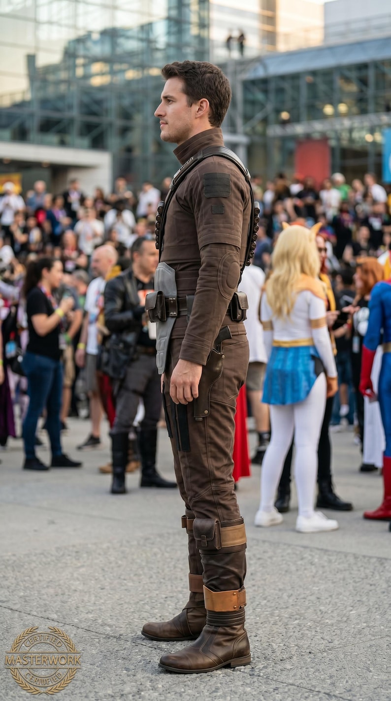 May include: A person in a brown costume with a high collar, shoulder armor, and a utility belt. The outfit includes matching pants and boots. The person is standing in a crowd of people, likely at a convention.