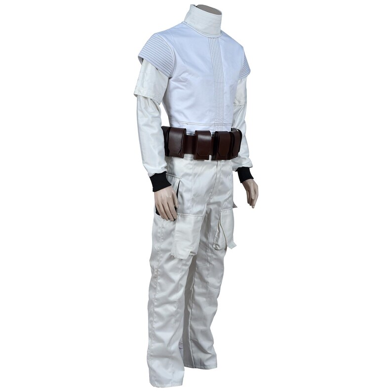 May include: A white costume with a high collar, short sleeves, and a brown belt with pouches. The pants have pockets. The sleeves have black cuffs. This outfit is suitable for cosplay or themed events.