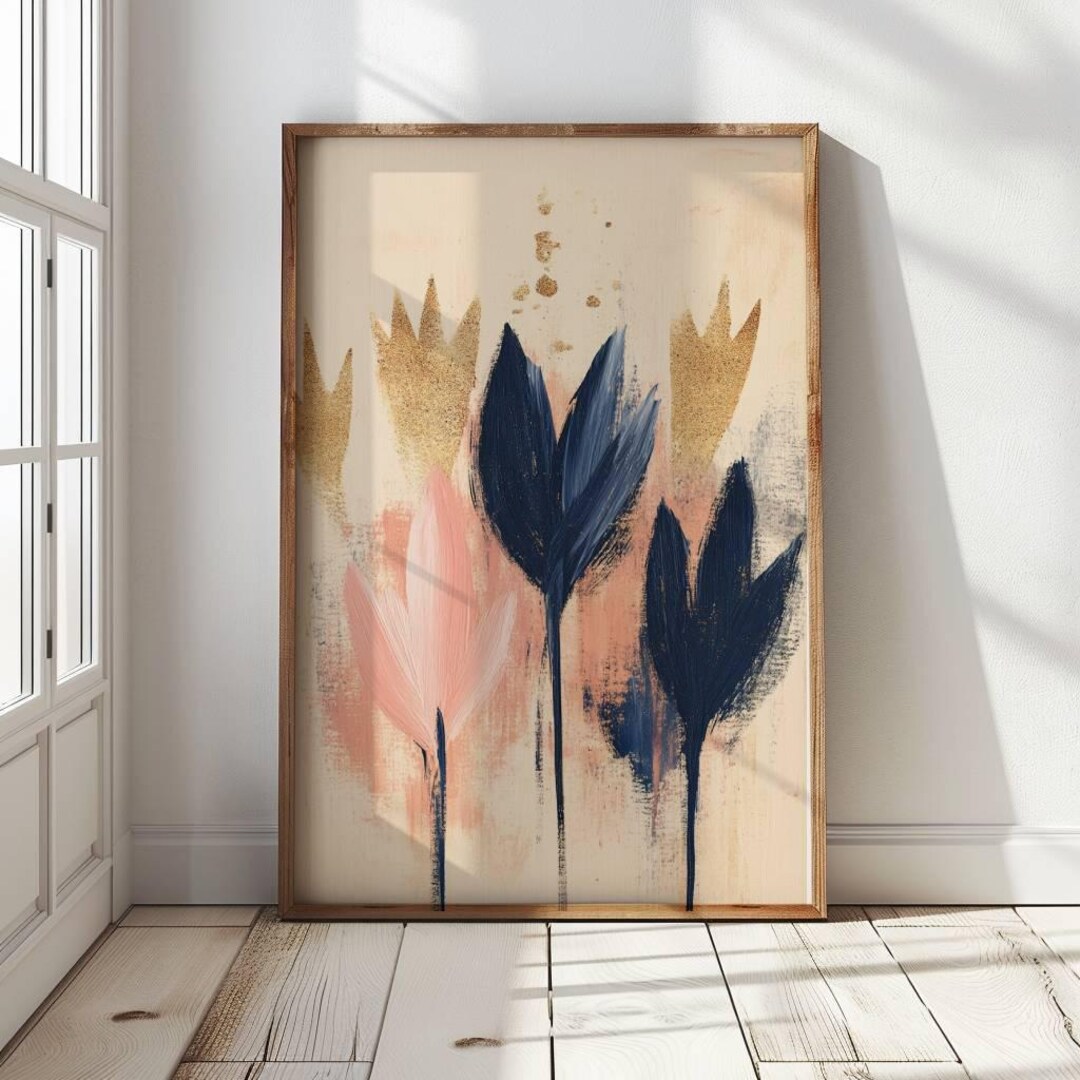 Abstract Floral Wall Art Print, Navy Blue Pink Gold Botanical Poster ...
