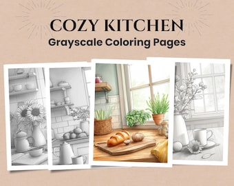 20 Cozy Kitchen Greyscale Coloring Pages | Grayscale Interiors, Relaxing Art (Digital Download)