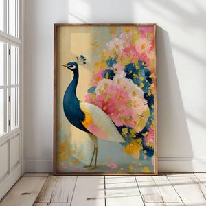Pastel Peacock Wall Art, Gold Leaf Abstract Print, Blush and Navy Bird Decor, Impasto Textured Nursery Poster, Modern Luxury Home Art
