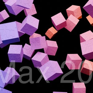 May include: Abstract digital art featuring floating, textured cubes in shades of purple, pink, and orange against a black background. The cubes appear to be randomly scattered, creating a dynamic and modern composition.