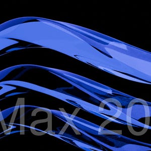 May include: Abstract digital art featuring flowing, ribbon-like forms in shades of blue against a black background. The image has a glossy, reflective quality, with the text "Max 2025" subtly overlaid.