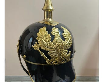 WWI German Pickelhaube Helmet: Leather Prussian Officer Replica with Brass Spike - Military