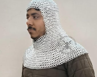 Aluminum Chainmail Coif: 9MM Flat Riveted Rings, LARP Reenactment Hood for Halloween