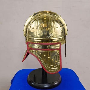 Back view of Late Roman brass helmet with smooth finish and traditional Roman reenactment style