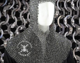 Titanium Chainmail Coif: 9MM Flat Riveted Every Rings, LARP Reenactment Hood for Halloween