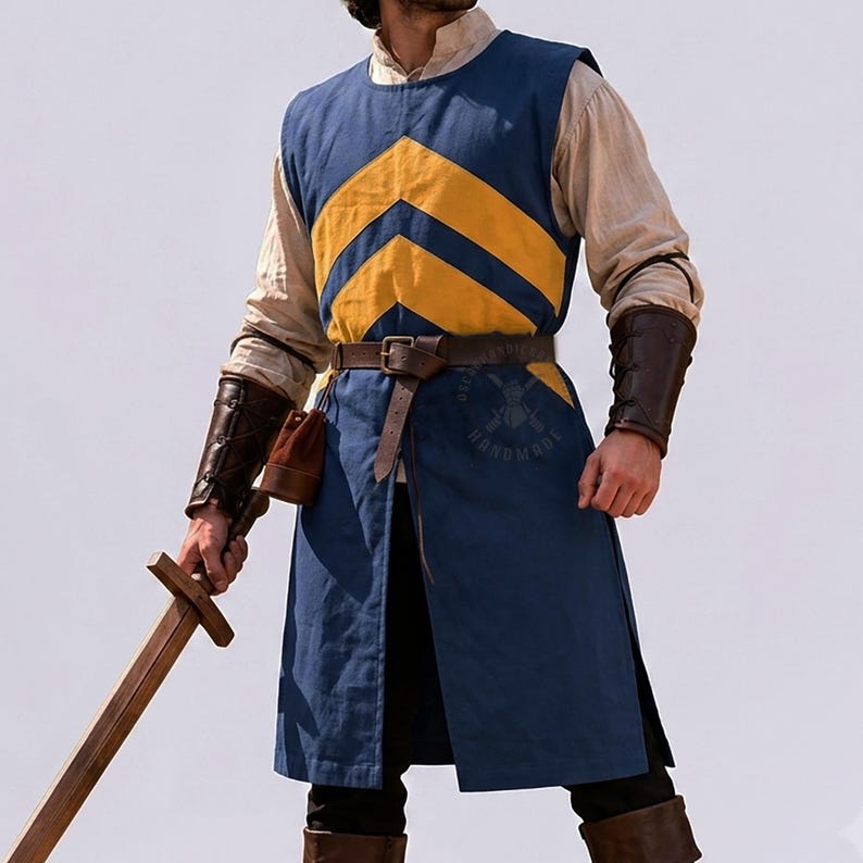 May include: A blue sleeveless tunic featuring a yellow chevron pattern on the chest, worn over a beige long-sleeved shirt. The outfit includes a brown leather belt with a buckle, dark brown leather arm bracers, and a wooden sword held in one hand.