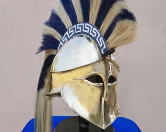 Bronze Corinthian Helmet Replica – 18 Gauge Greek Spartan – Historical natural & Blue horse hair