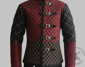 Padded Gambeson Armor Jacket - Wine Red & Black Medieval Aketon - LARP Cosplay Costume, HEMA