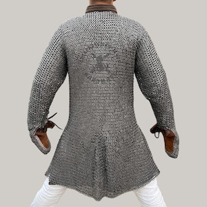 Back view of lightweight aluminium chainmail hauberk, flexible medieval armor for cosplay and LARP