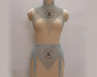 Aluminum Chainmail Top and Skirt Set Renfaire Cosplay Girl Costume Halloween Gifts