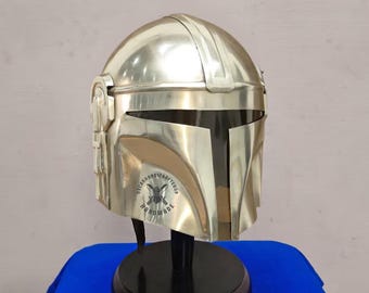 Mandalorian Helmet 18 Guage Steel Silver Finish Helmet With Liner and Chin Strap LARP Costumes
