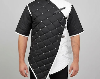 Medieval Gambeson Jacket Padded Cotton Armor Aketon, Black White Viking Half Sleeve Costume