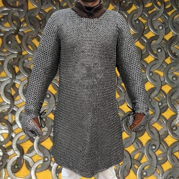 Chainmail Hauberk - 9mm Aluminum Flat Rivet with Attached Gloves | Medieval Chainmail Shirt | LARP, Cosplay
