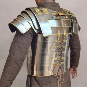 May include: A silver-colored, segmented cuirass with brass accents and shoulder guards. The back of the armor features a laced closure with brown leather cord. The armor is worn over a brown padded garment.