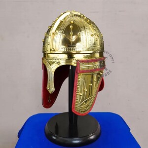 Front view of Late Roman Deurne helmet crafted in polished brass with authentic Roman military design