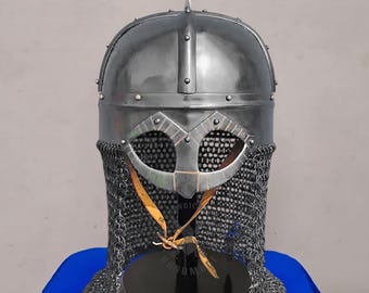 Casco vikingo listo para la batalla, acero calibre 16 - Casco de armadura medieval con cota de malla, SCA