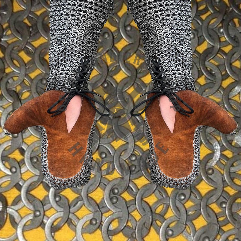 Front view of aluminium chainmail hauberk showing 9mm round rings and attached chainmail gloves