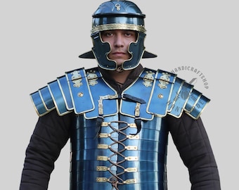 Roman Lorica Segmentata Armor: Antique Blue Finish with Helmet - 18 Gauge Steel