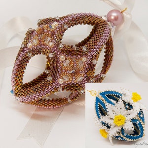 May include: Two beaded ornaments, one in pink and brown with a geometric design, and the other in blue with white flowers.