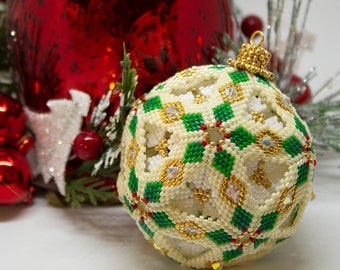 Beading Pattern - Tutorial -  Snow Globe - Diamond - Ornament -  peyote stitch - geometric - sphere - PDF download - Christmas Bauble