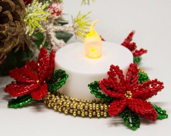 Beading Pattern - Tutorial - Poinsettia - Tea Light Holder - Peyote