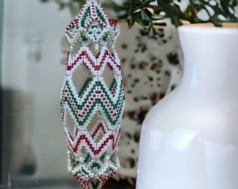 Beading Pattern - Festive Ribbon Ornament - Christmas Tree Ornament - Peyote - Tutorial