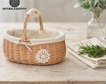 Handwoven Wicker Storage Basket with Handle | Rustic Farmhouse Decor, Decorative Gift Basket