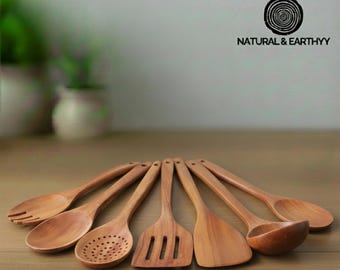 Juego de utensilios de cocina de madera de teca: 10, 9, 7, 6 y 5 espátulas y cucharas.