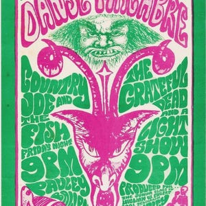 Könnte beinhalten: Vintage Konzertplakat in Grün, Pink und Weiß, das eine "Danse Macabre" Show ankündigt. Enthält stilisierte Texte und Illustrationen einer gehörnten Figur und eines grotesken Gesichts. Enthält Bandnamen und Showdetails.