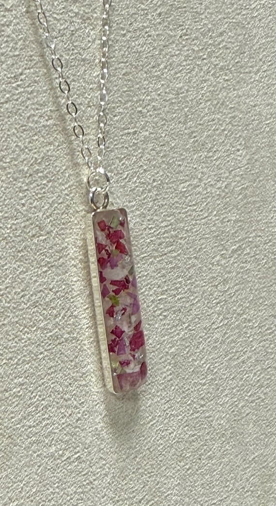 Custom Bar Necklace with Dried Flowers, Sterling Silver Drop Pendant