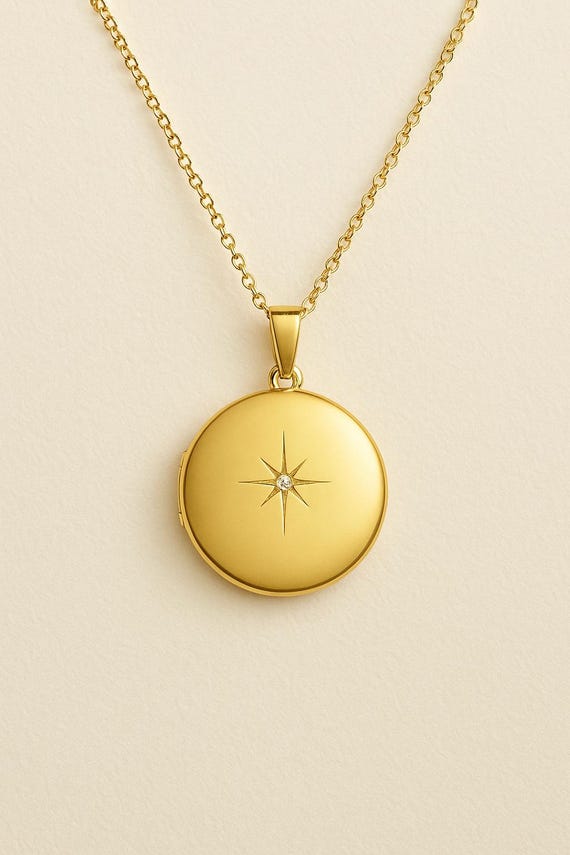 14k Yellow Gold-Filled North Star Round Locket, Bridal Locket, Mother Daughter Jewelry