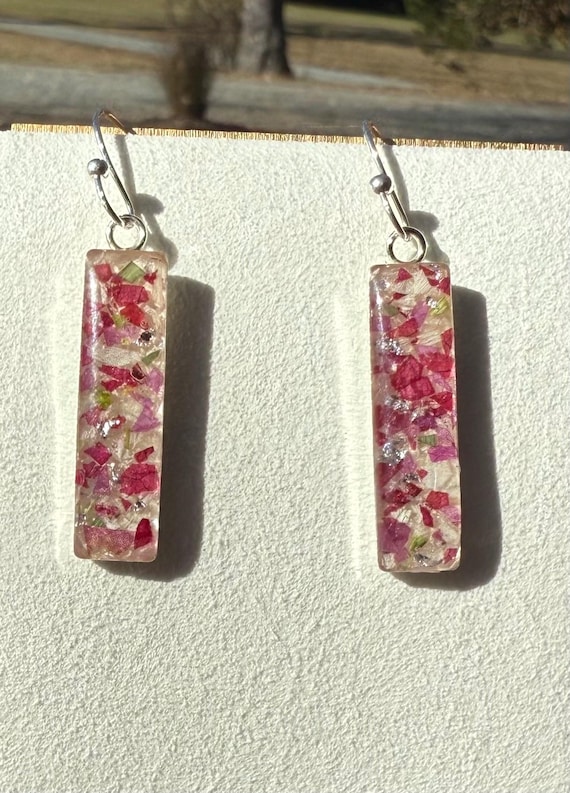 Custom Sterling Silver Rectangle Dangle Floral Earrings