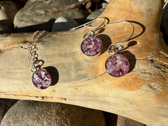 Jewelry Set: Dried Flower Earrings, Bridal Floral Pendant, Sentimental Flower Necklace